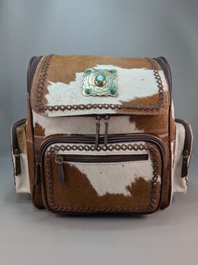 NWOT Western Leather Backpack Hair-On Hide Laptop Travel Diaper Turquoise Concho